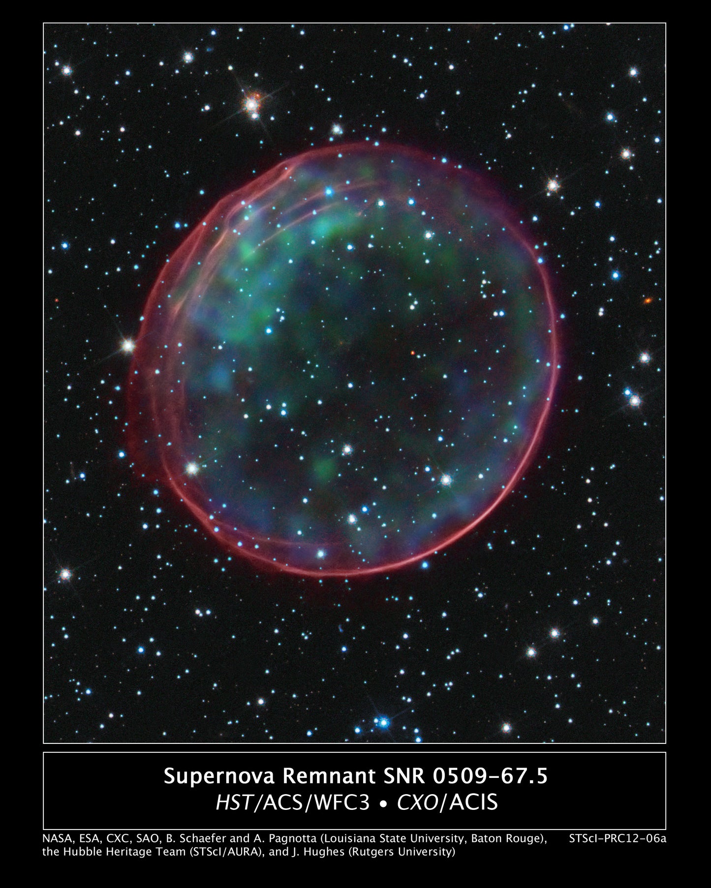 Supernova remnant SNR 0509-67.5 with colorful nebula against a starry background