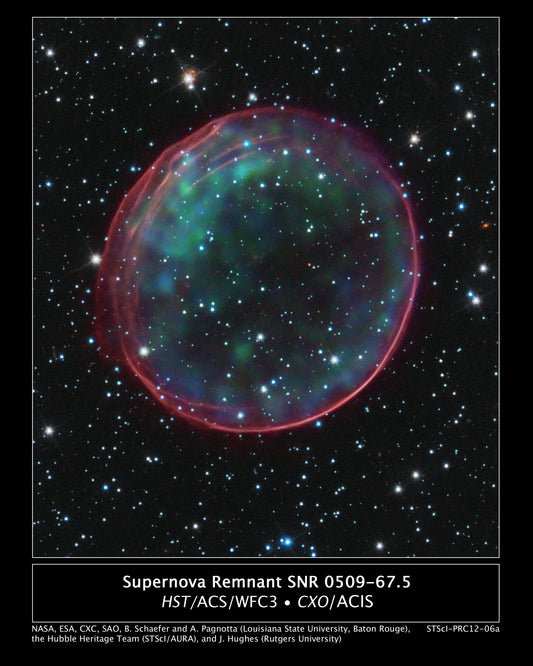 Supernova remnant SNR 0509-67.5 with colorful nebula against a starry background